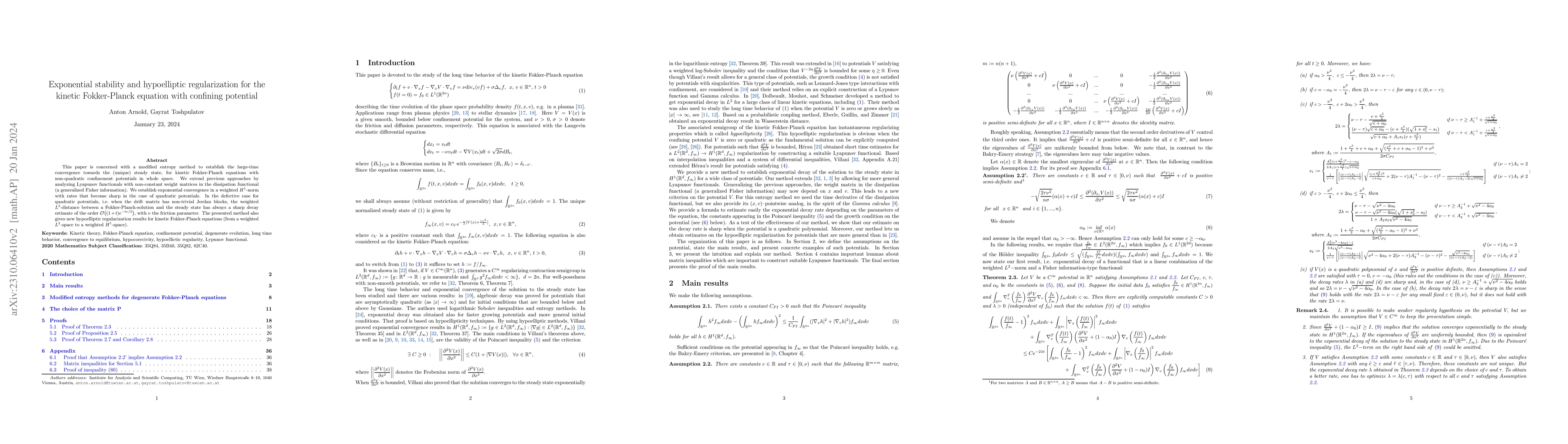 Thumbnail for Exponential stability and hypoelliptic regularization for the kinetic
  Fokker-Planck equation with confining potential