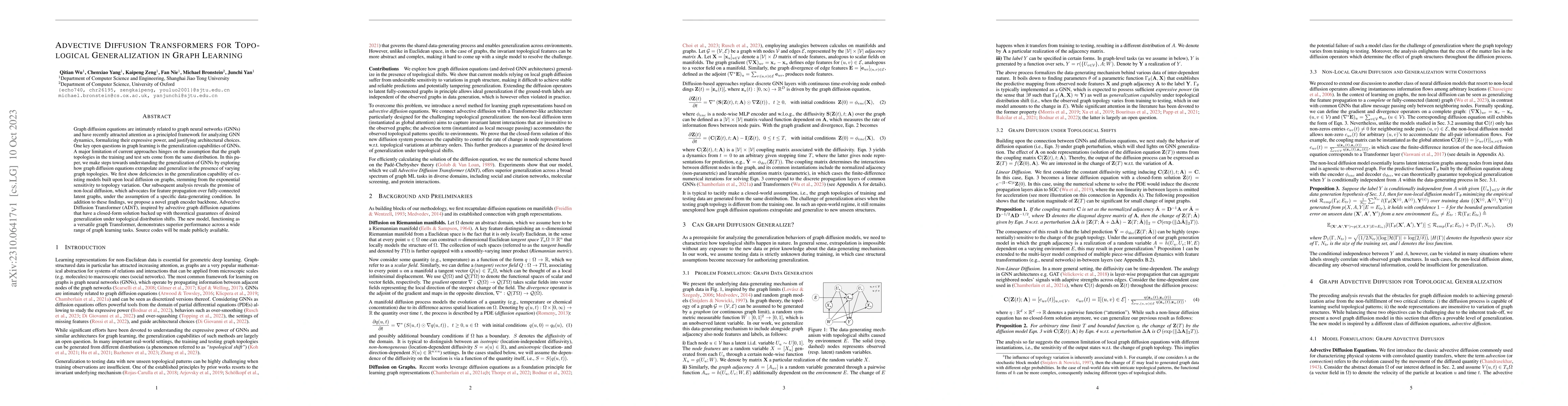Thumbnail for Advective Diffusion Transformers for Topological Generalization in Graph
  Learning