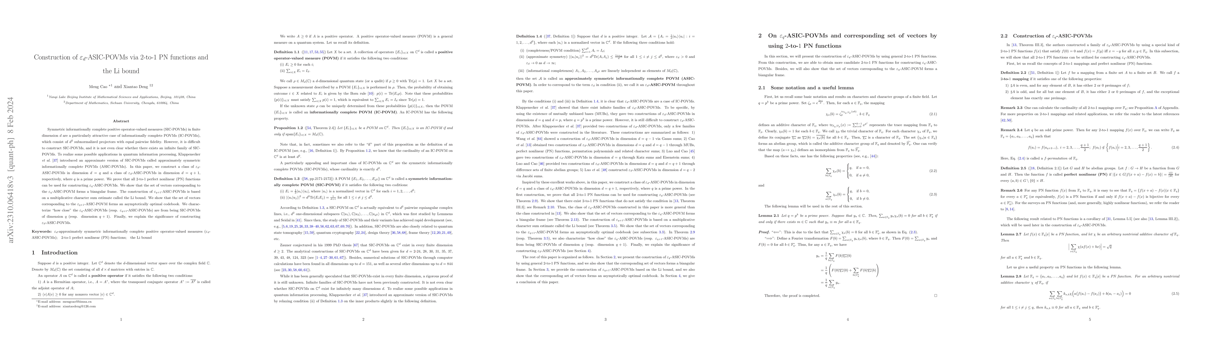 Thumbnail for Construction of $\varepsilon_{d}$-ASIC-POVMs via $2$-to-$1$ PN functions
  and the Li bound