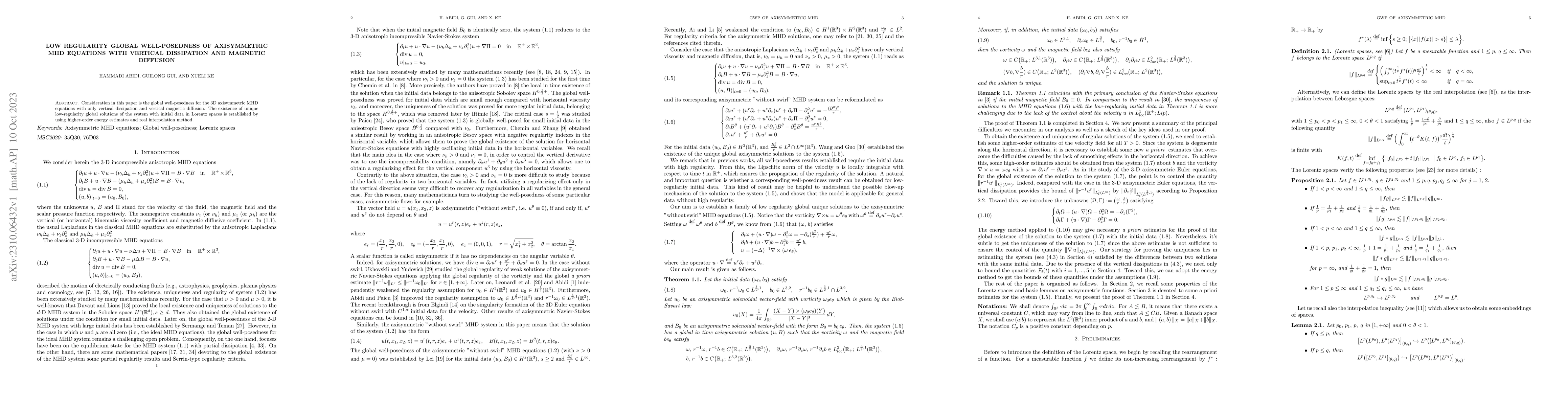 Thumbnail for Low regularity global well-posedness of axisymmetric MHD equations with
  vertical dissipation and magnetic diffusion