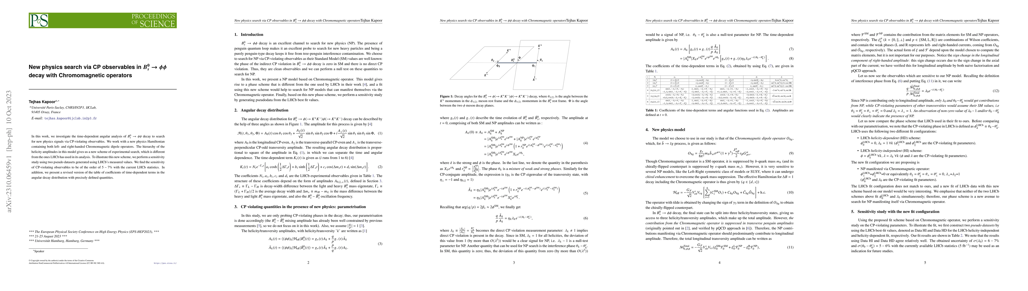 Thumbnail for New physics search via CP observables in $B_s^0 \rightarrow \phi \phi$
  decay with Chromomagnetic operators