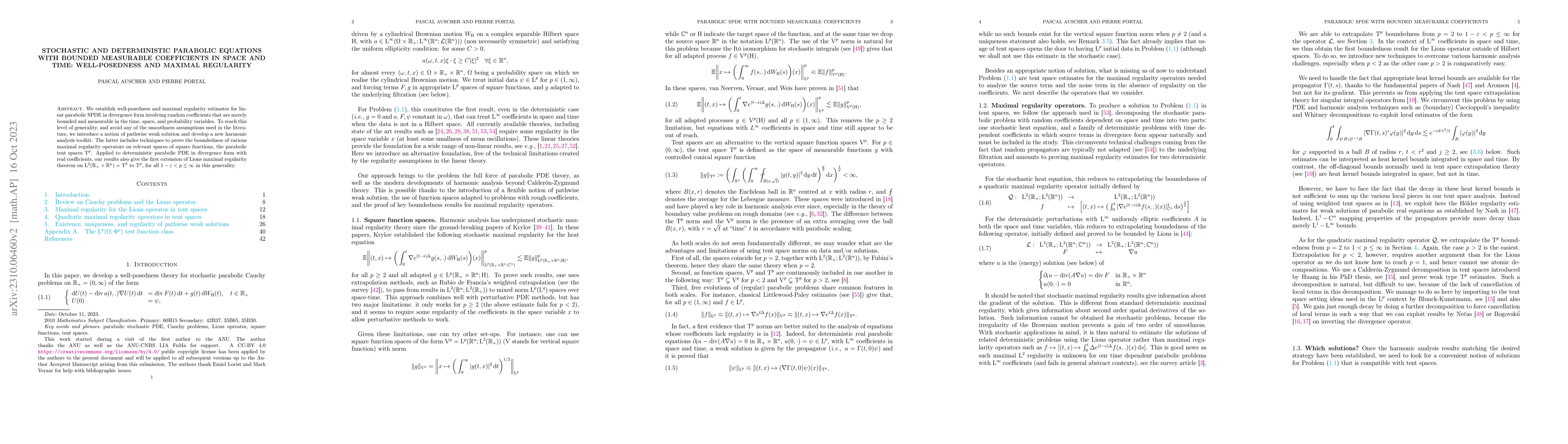 Thumbnail for Stochastic and deterministic parabolic equations with bounded measurable
  coefficients in space and time: well-posedness and maximal regularity
