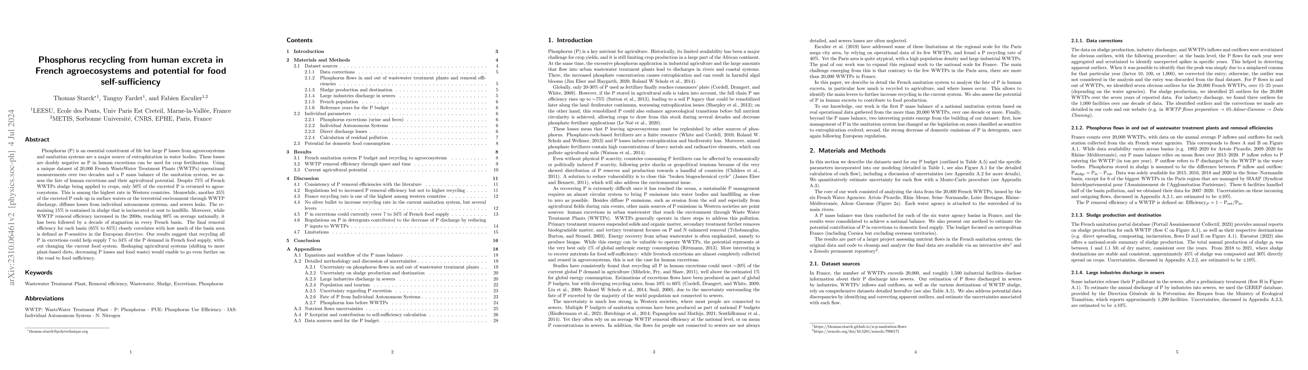 Thumbnail for Phosphorus recycling from human excreta in French agroecosystems and
  potential for food self-sufficiency
