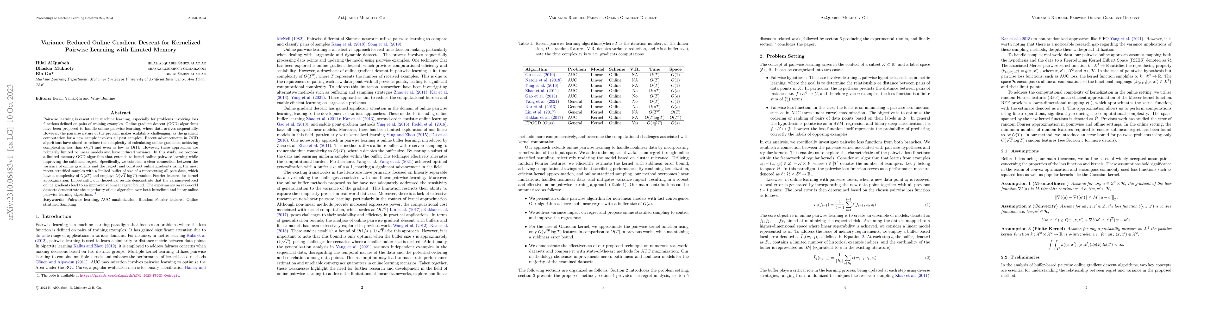 Thumbnail for Variance Reduced Online Gradient Descent for Kernelized Pairwise
  Learning with Limited Memory