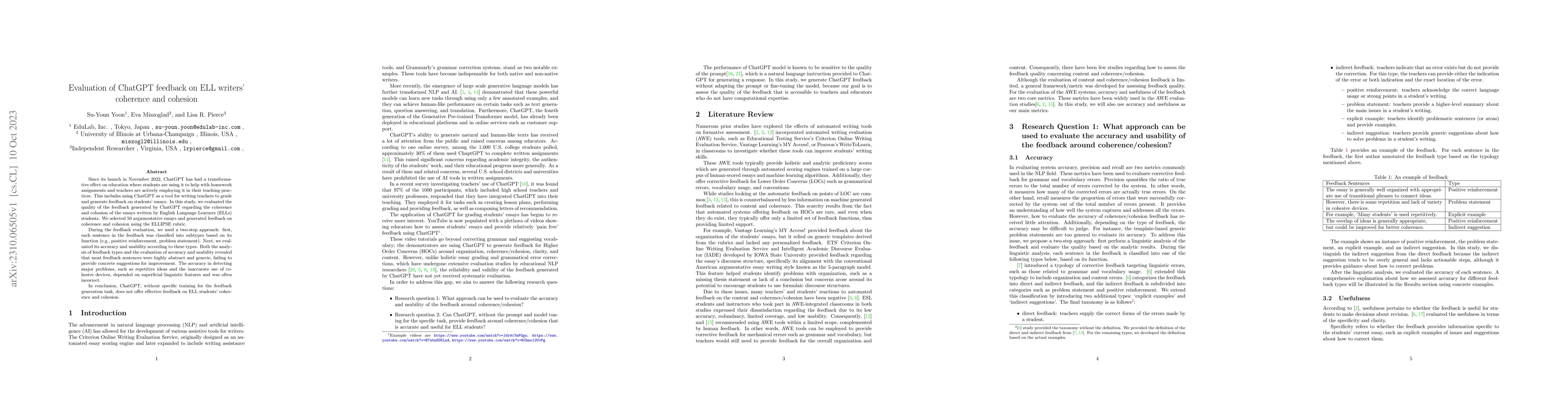 Thumbnail for Evaluation of ChatGPT Feedback on ELL Writers' Coherence and Cohesion