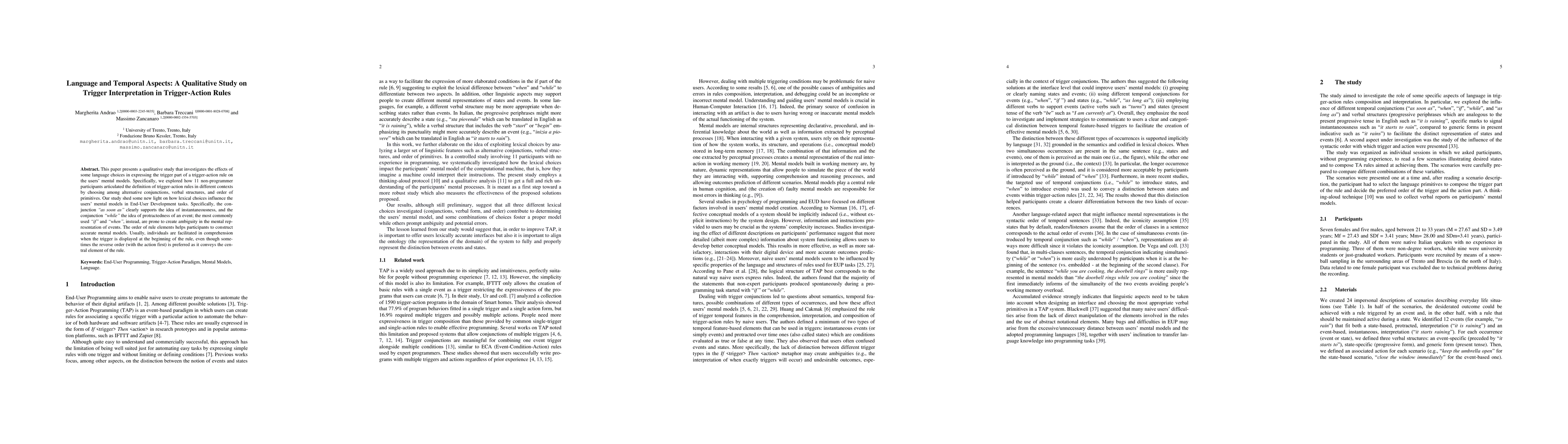 Thumbnail for Language and Temporal Aspects: A Qualitative Study on Trigger
  Interpretation in Trigger-Action Rules