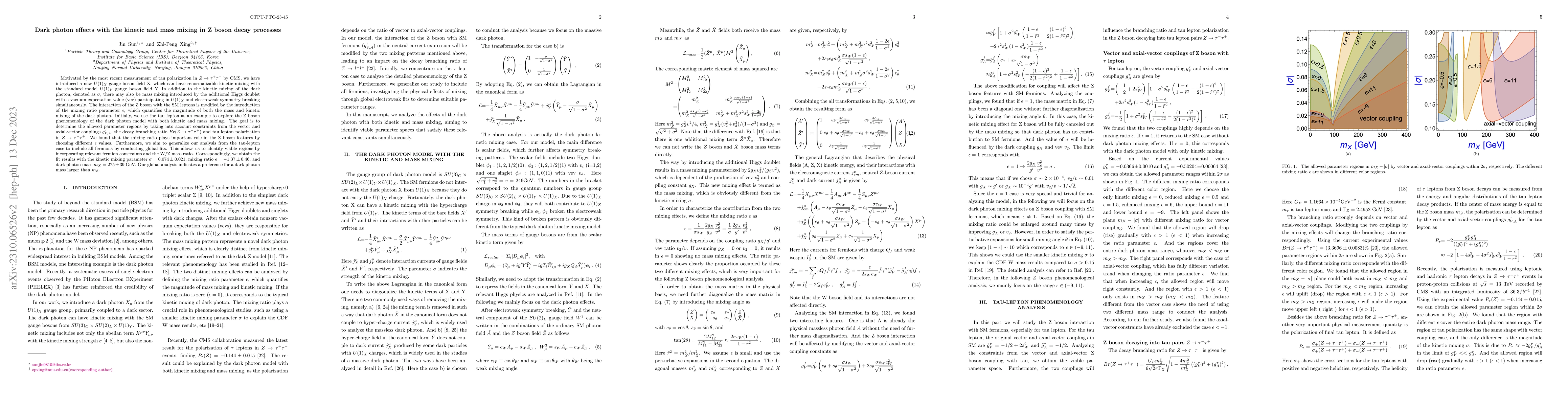 Thumbnail for Dark photon effects with the kinetic and mass mixing in Z boson decay
  processes