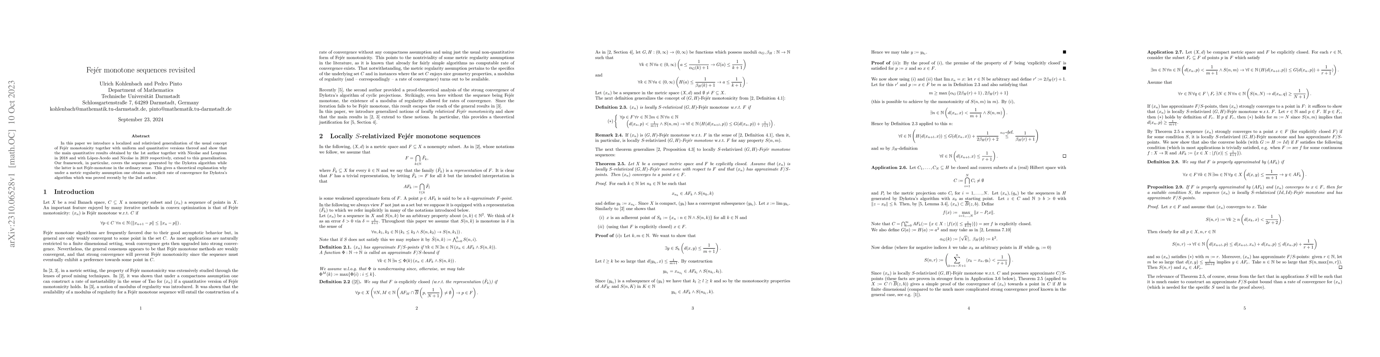 Thumbnail for Fej\'er monotone sequences revisited
