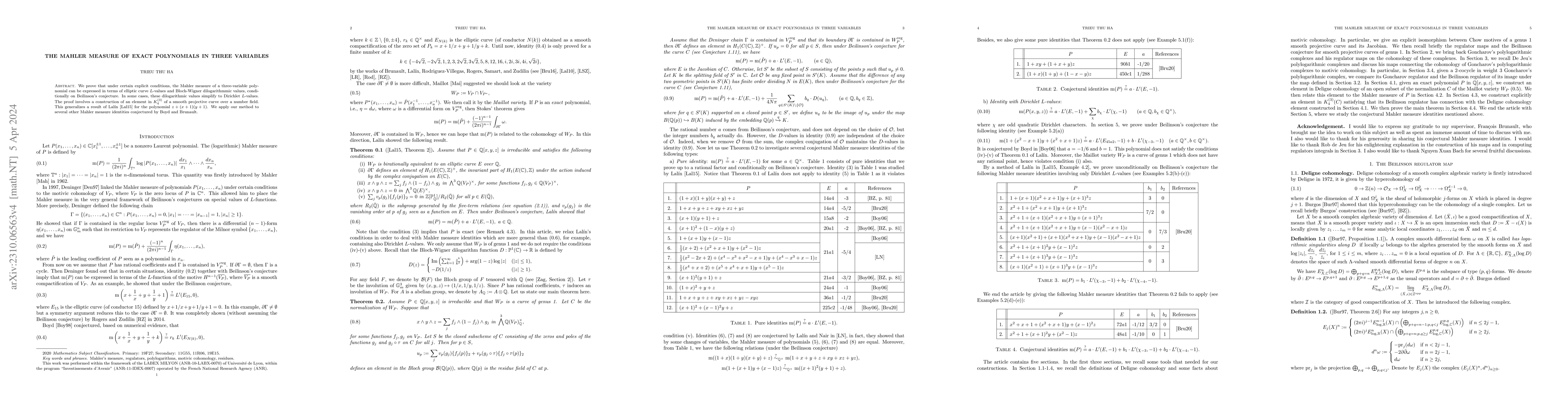 Thumbnail for The Mahler measure of exact polynomials in three variables