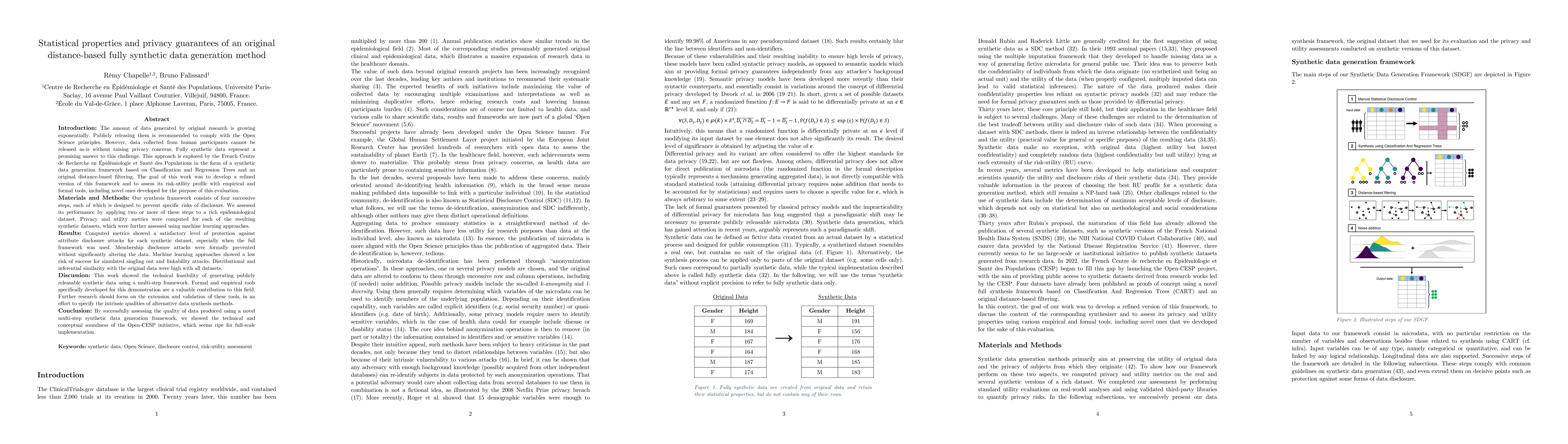 Thumbnail for Statistical properties and privacy guarantees of an original
  distance-based fully synthetic data generation method