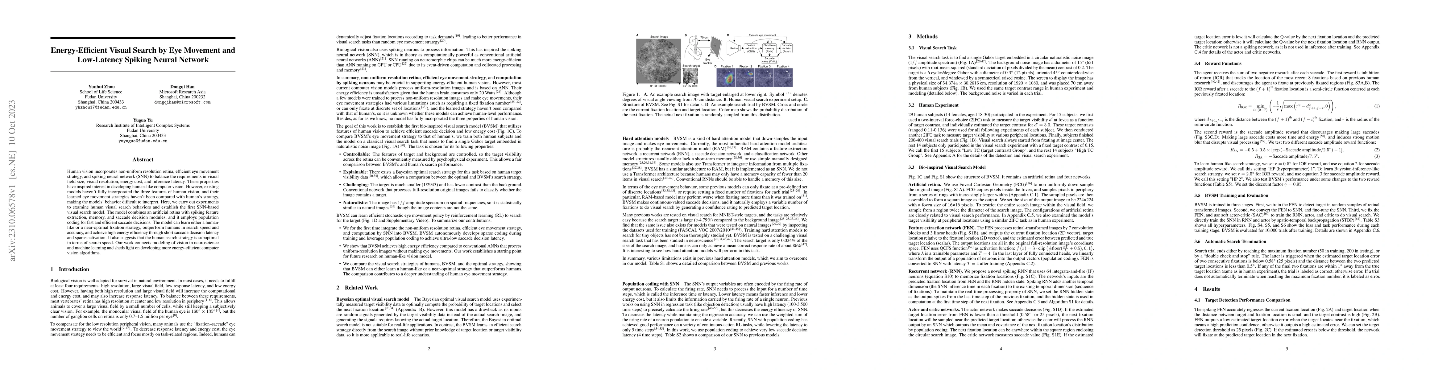 Thumbnail for Energy-Efficient Visual Search by Eye Movement and Low-Latency Spiking
  Neural Network