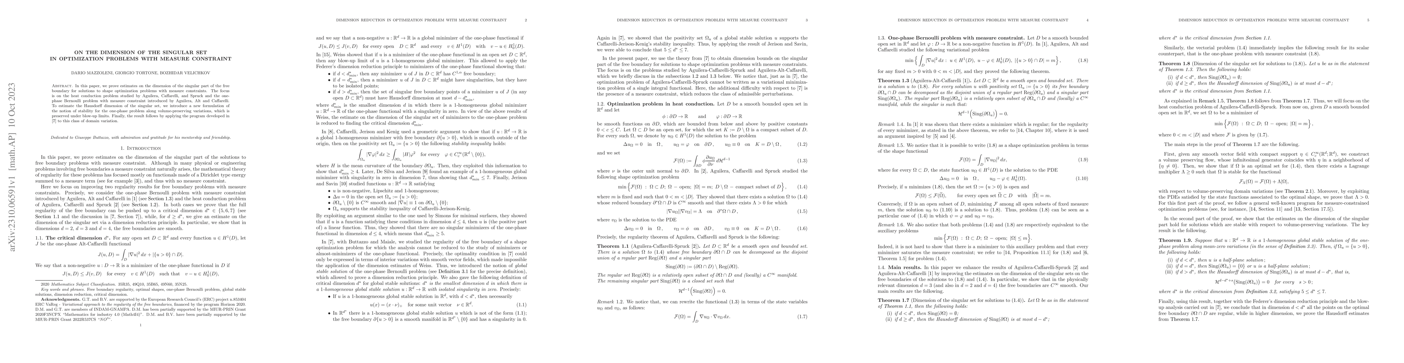 Thumbnail for On the dimension of the singular set in optimization problems with
  measure constraint