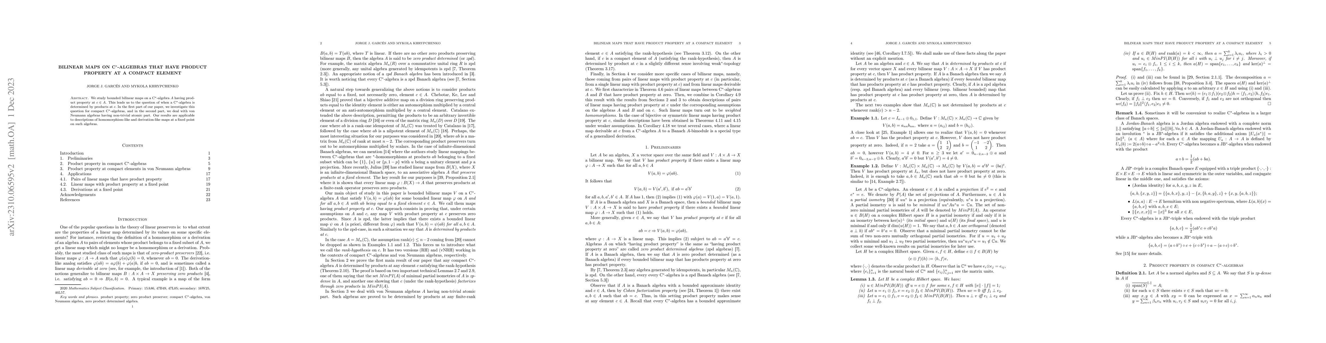 Thumbnail for Bilinear maps on C$^*$-algebras that have product property at a compact
  element