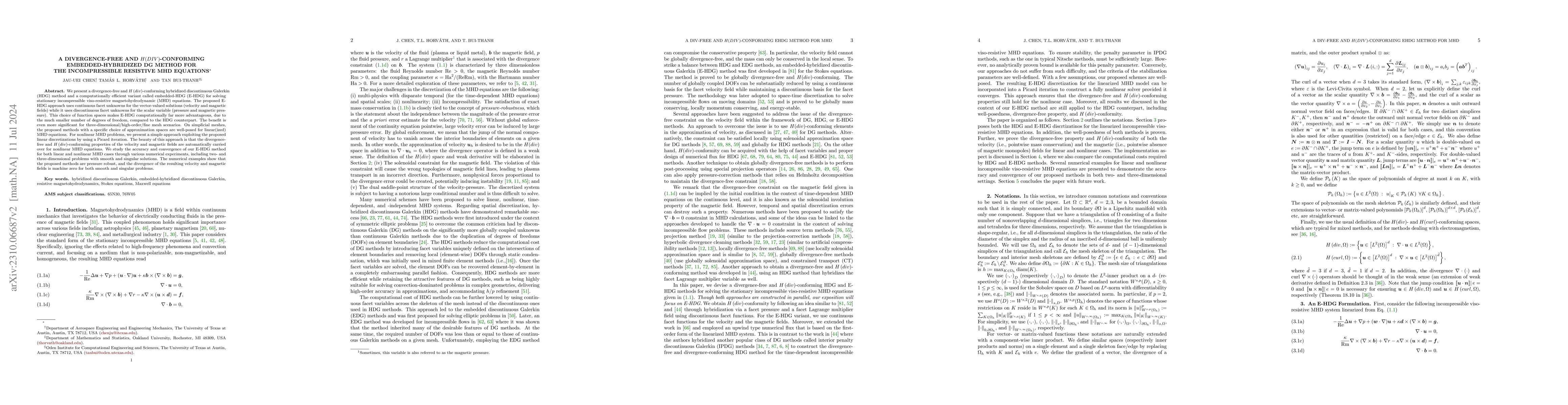 Thumbnail for A Divergence-Free and $H(div)$-Conforming Embedded-Hybridized DG Method
  for the Incompressible Resistive MHD equations