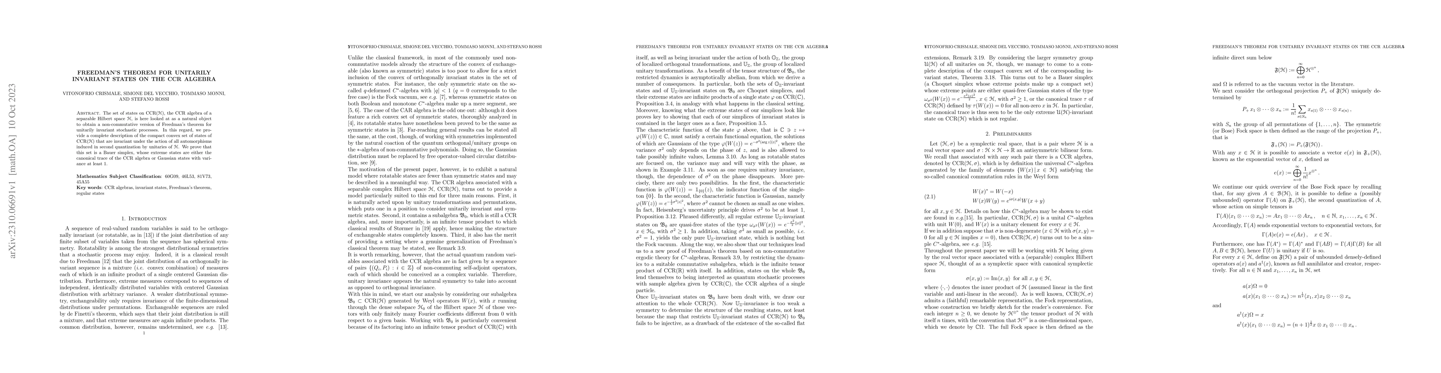 Thumbnail for Freedman's theorem for unitarily invariant states on the CCR algebra