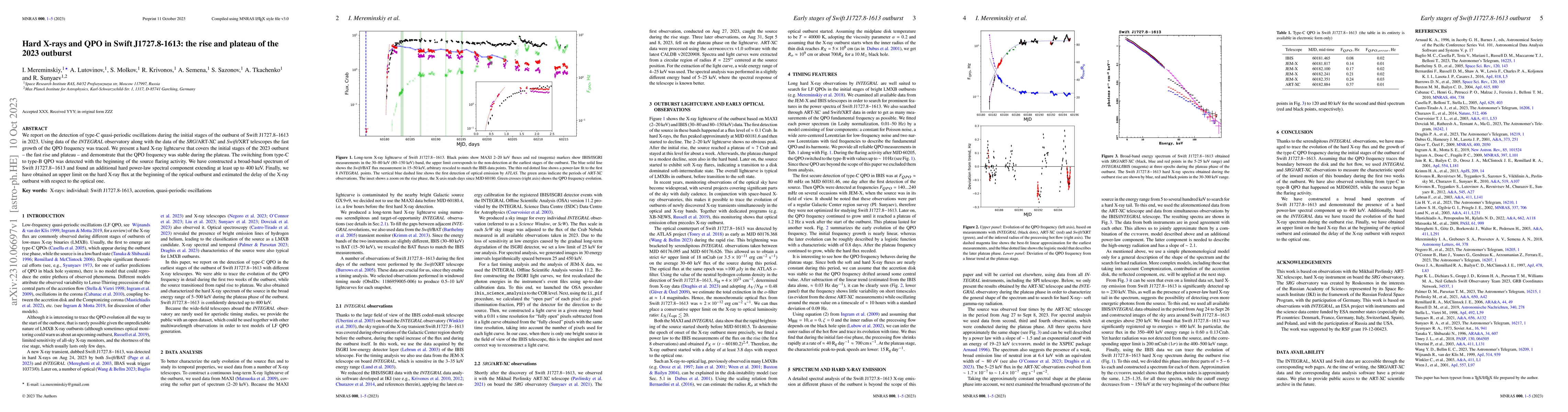 Thumbnail for Hard X-rays and QPO in Swift J1727.8-1613: the rise and plateau of the
  2023 outburst