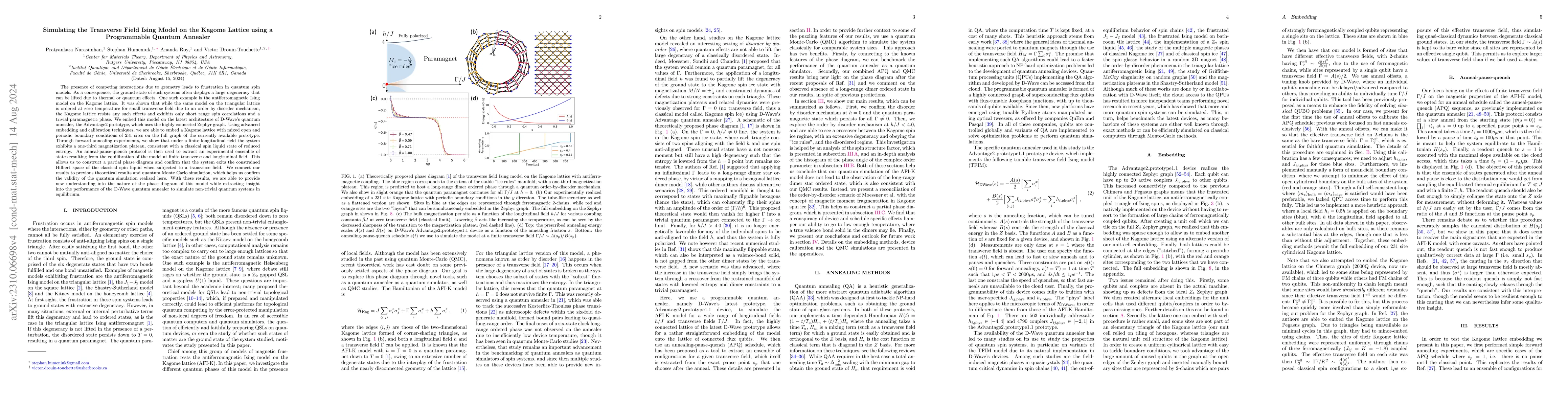 Thumbnail for Simulating the Transverse Field Ising Model on the Kagome Lattice using
  a Programmable Quantum Annealer