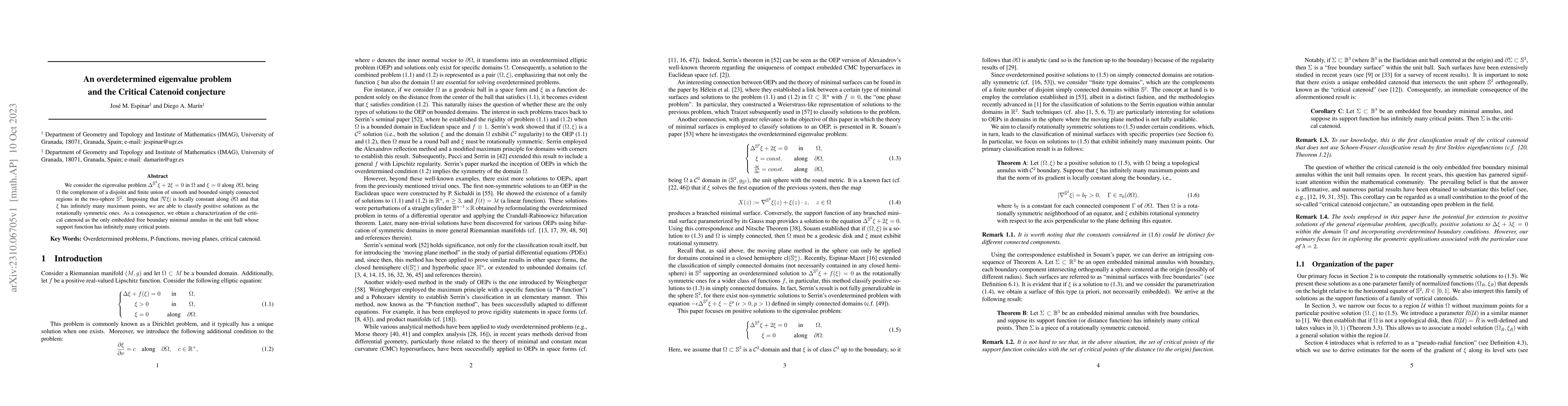 Thumbnail for An overdetermined eigenvalue problem and the Critical Catenoid
  conjecture