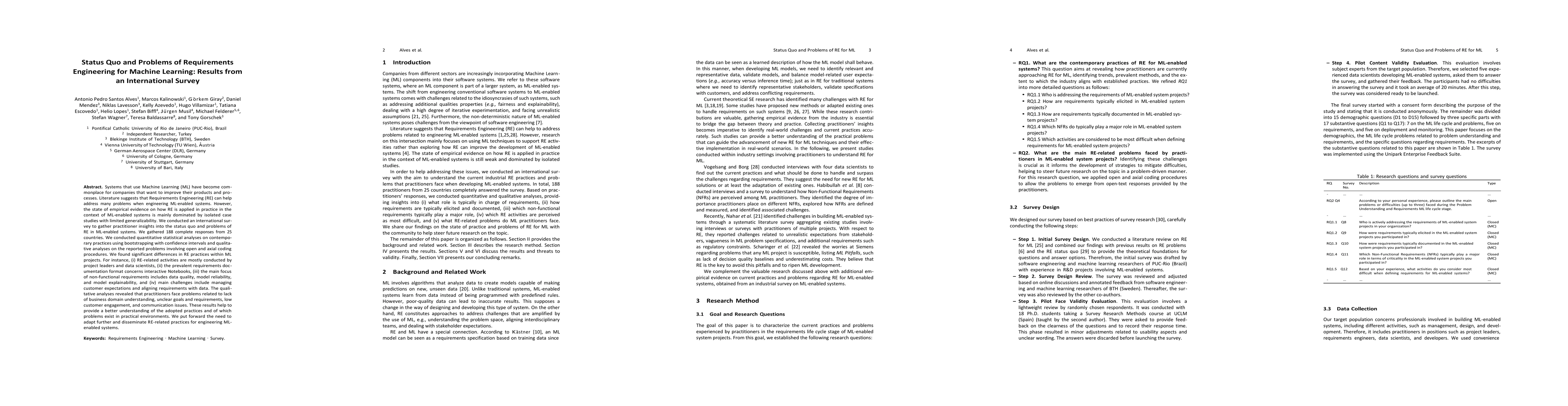 Thumbnail for Status Quo and Problems of Requirements Engineering for Machine
  Learning: Results from an International Survey