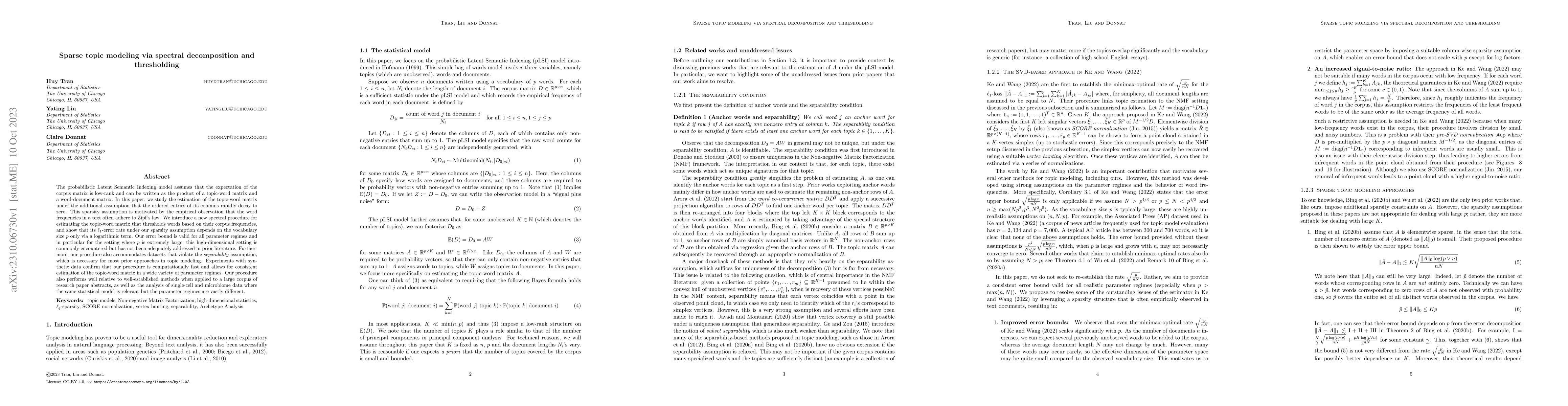 Thumbnail for Sparse topic modeling via spectral decomposition and thresholding