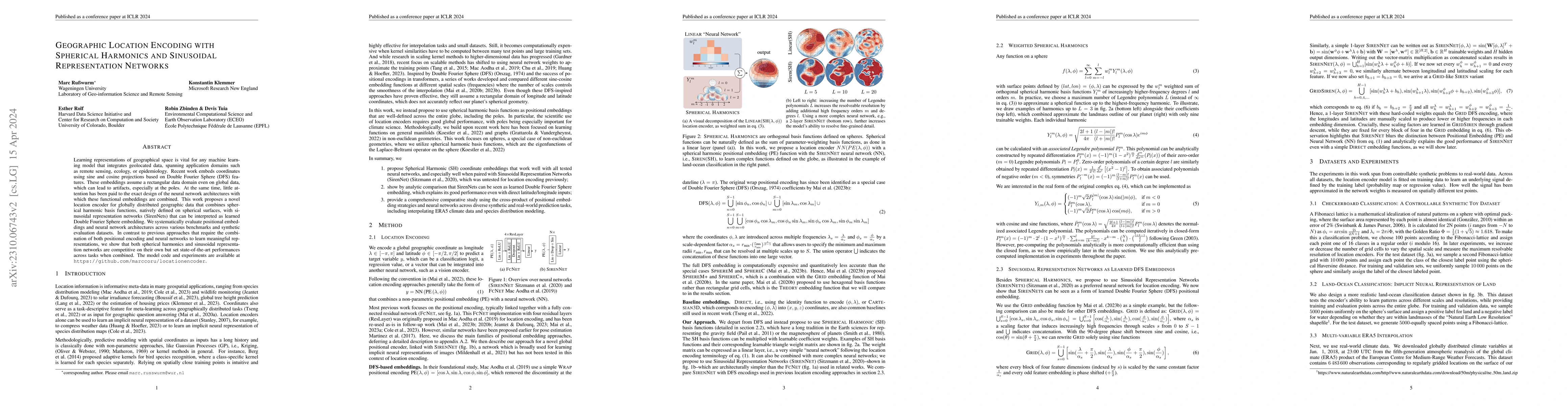 Thumbnail for Geographic Location Encoding with Spherical Harmonics and Sinusoidal
  Representation Networks