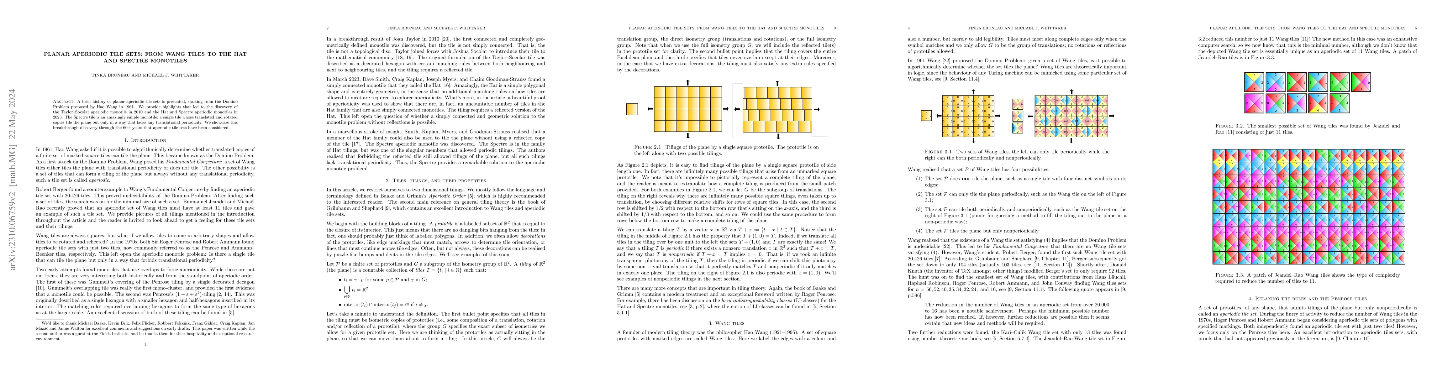 Thumbnail for Planar aperiodic tile sets: from Wang tiles to the Hat and Spectre
  monotiles