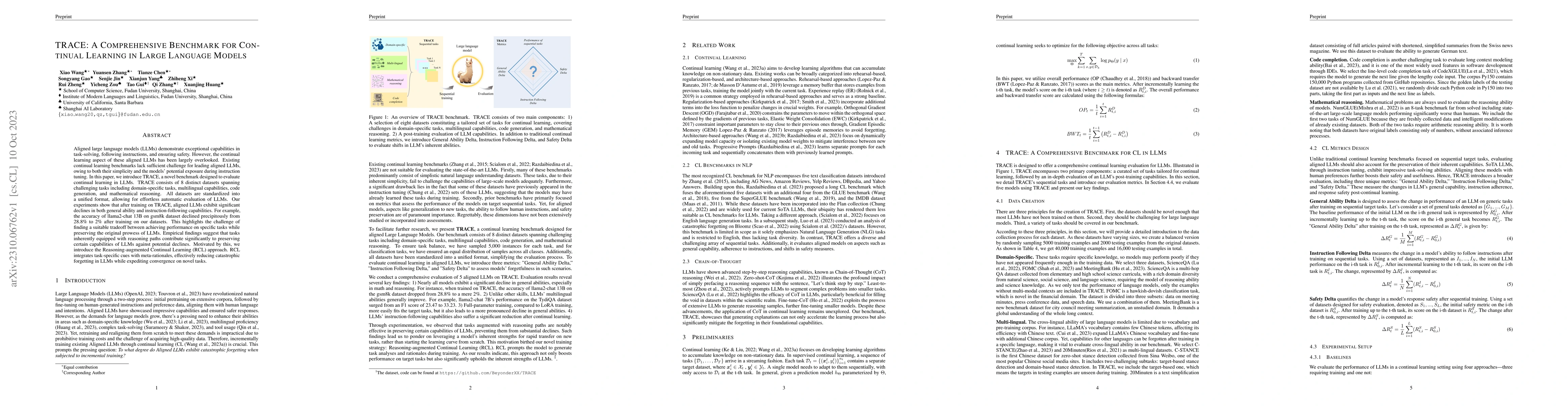 Thumbnail for TRACE: A Comprehensive Benchmark for Continual Learning in Large
  Language Models