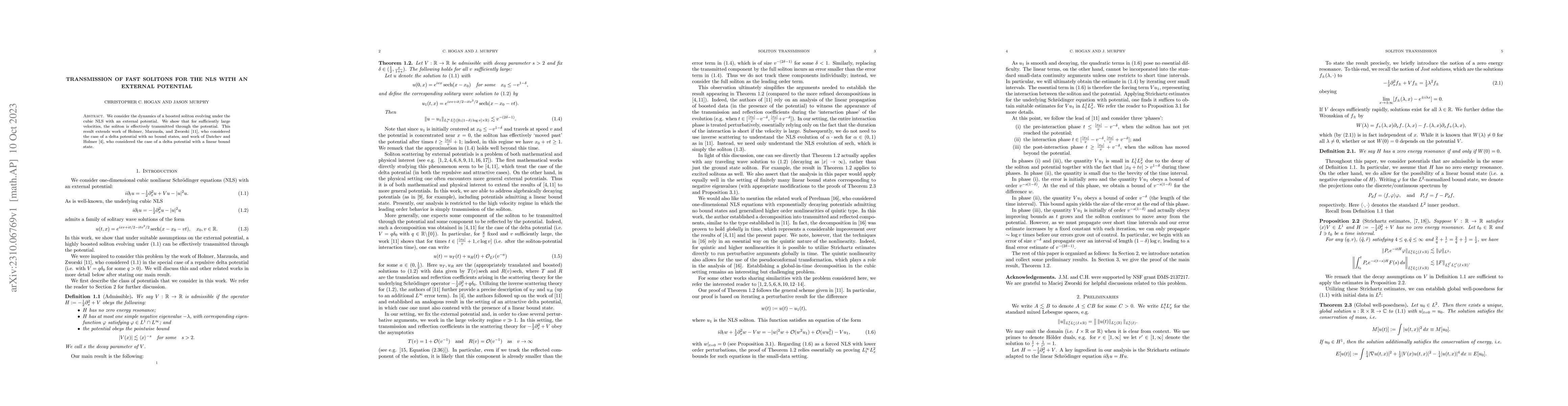 Thumbnail for Transmission of fast solitons for the NLS with an external potential