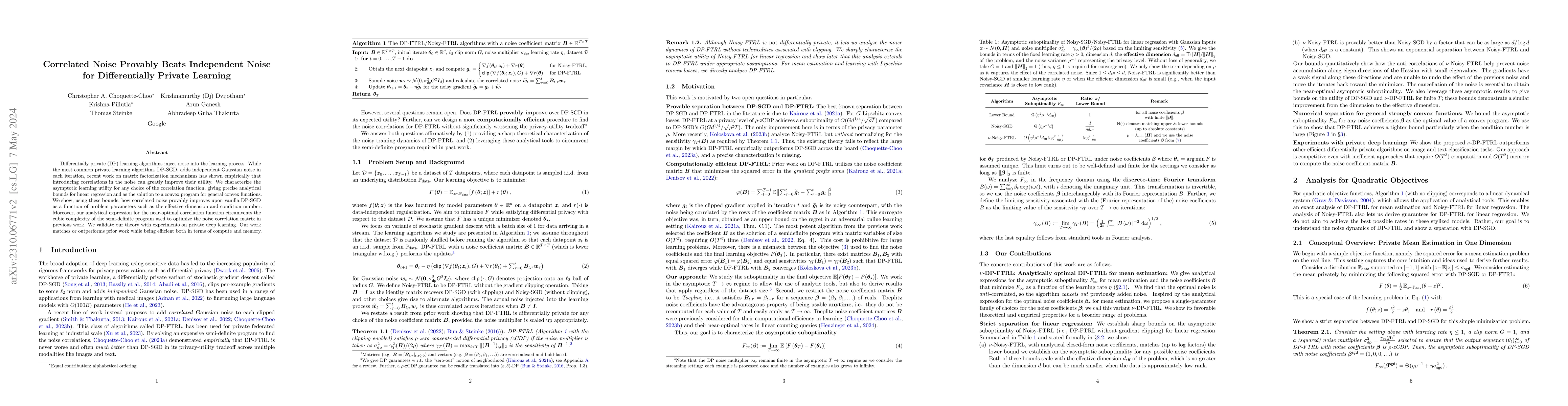 Thumbnail for Correlated Noise Provably Beats Independent Noise for Differentially
  Private Learning