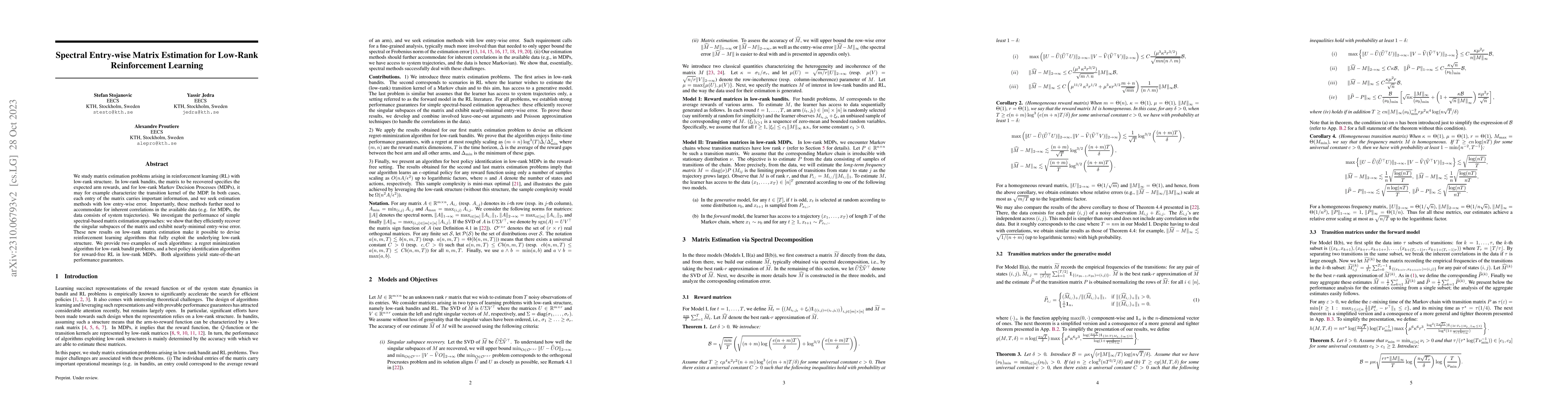 Thumbnail for Spectral Entry-wise Matrix Estimation for Low-Rank Reinforcement
  Learning
