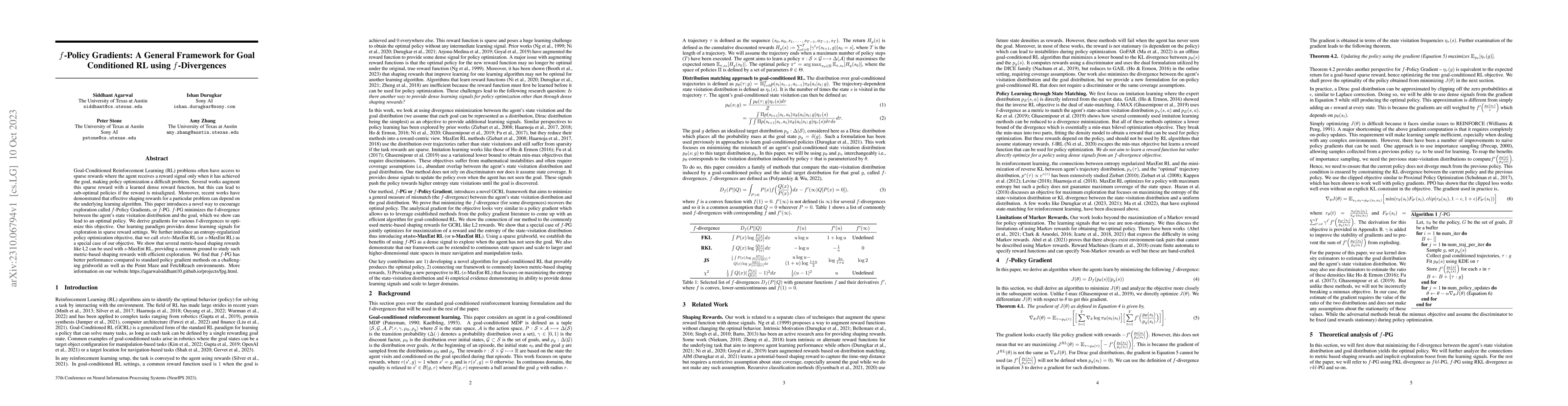 Thumbnail for $f$-Policy Gradients: A General Framework for Goal Conditioned RL using
  $f$-Divergences