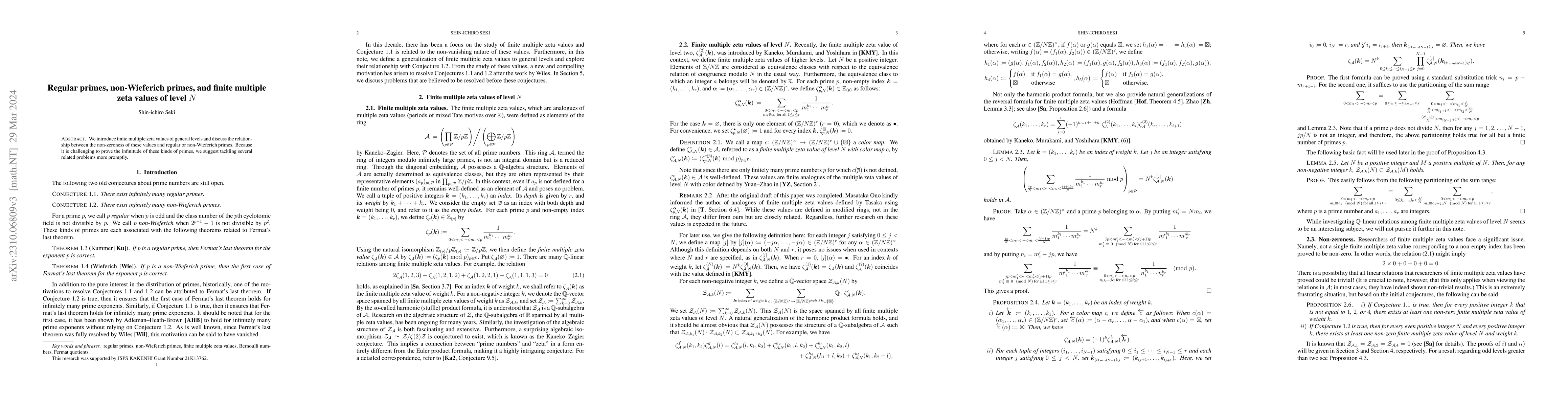 Thumbnail for Regular primes, non-Wieferich primes, and finite multiple zeta values of
  level $N$