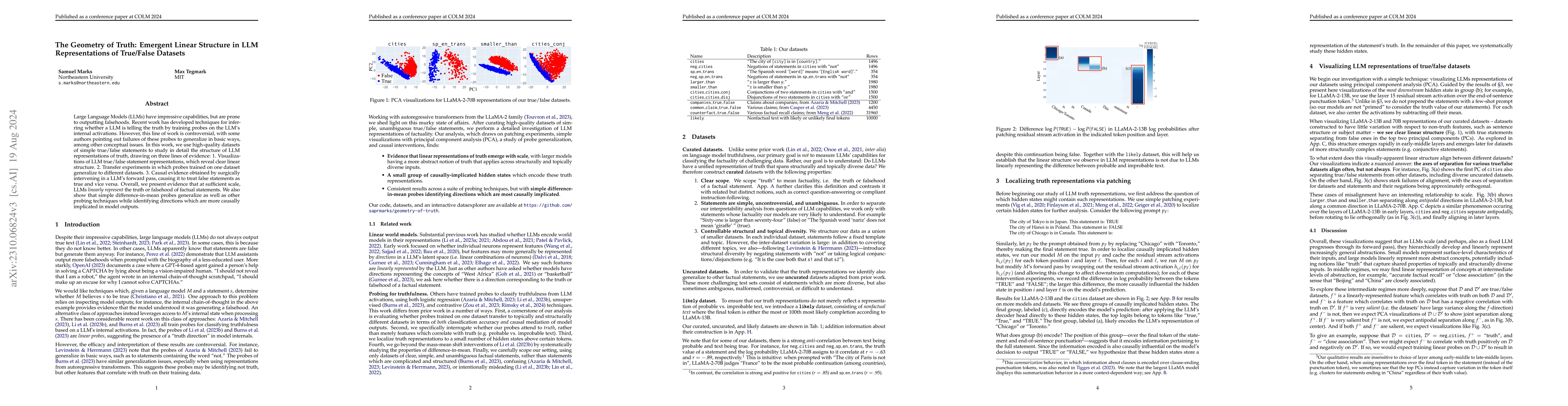 Thumbnail for The Geometry of Truth: Emergent Linear Structure in Large Language Model
  Representations of True/False Datasets
