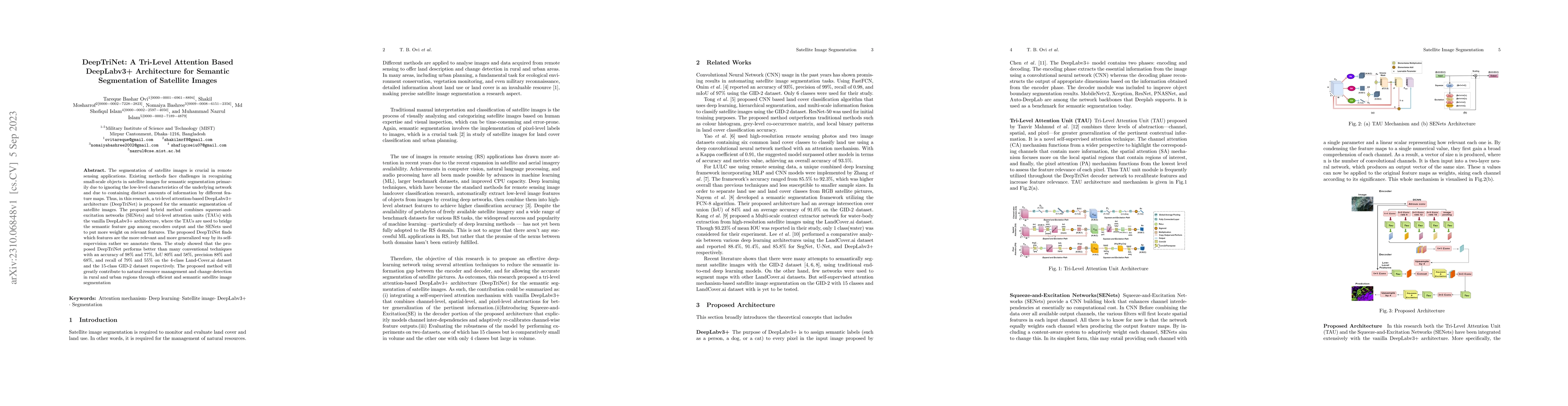 Thumbnail for DeepTriNet: A Tri-Level Attention Based DeepLabv3+ Architecture for
  Semantic Segmentation of Satellite Images