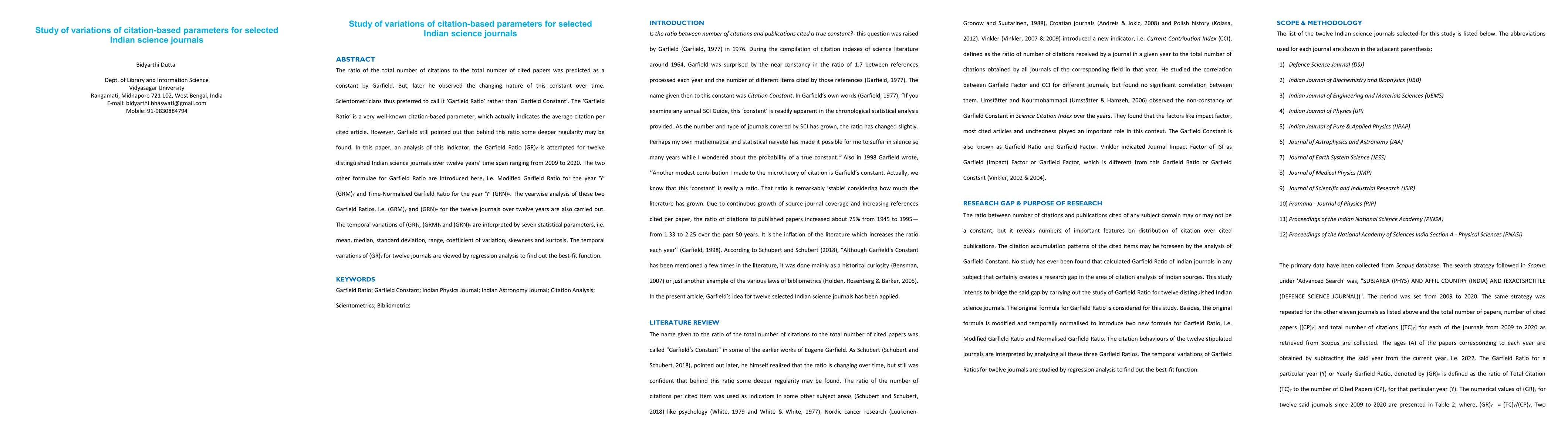 Thumbnail for Study of variations of citation-based parameters for selected Indian
  science journals