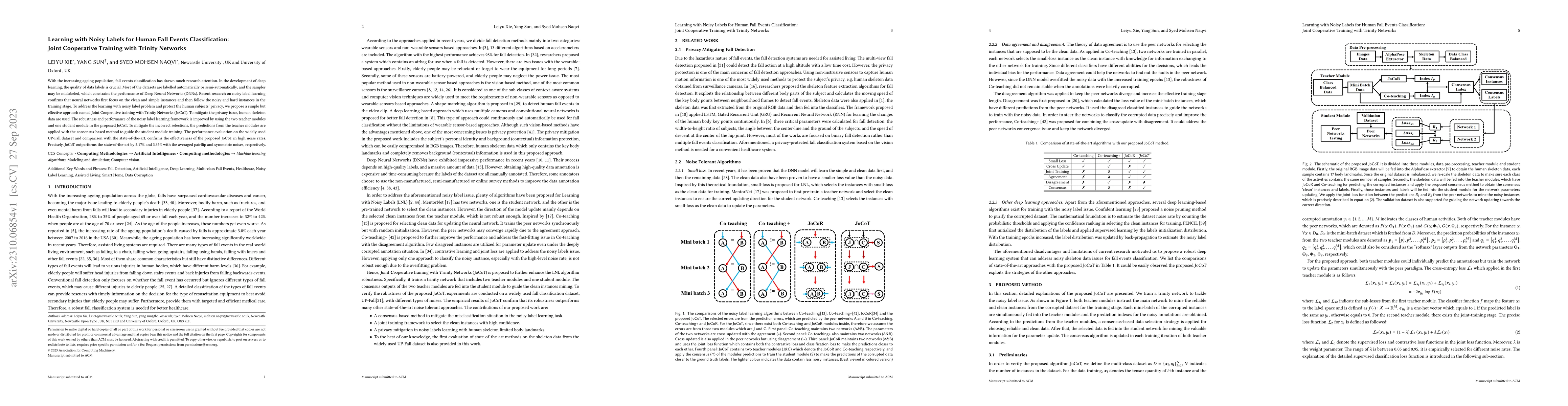 Thumbnail for Learning with Noisy Labels for Human Fall Events Classification: Joint
  Cooperative Training with Trinity Networks