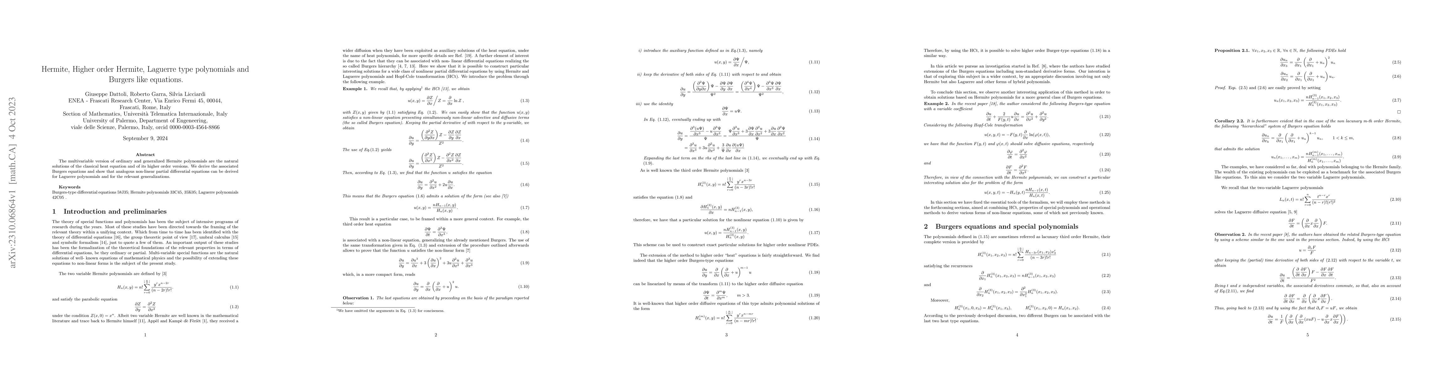 Thumbnail for Hermite, Higher order Hermite, Laguerre type polynomials and Burgers
  like equations