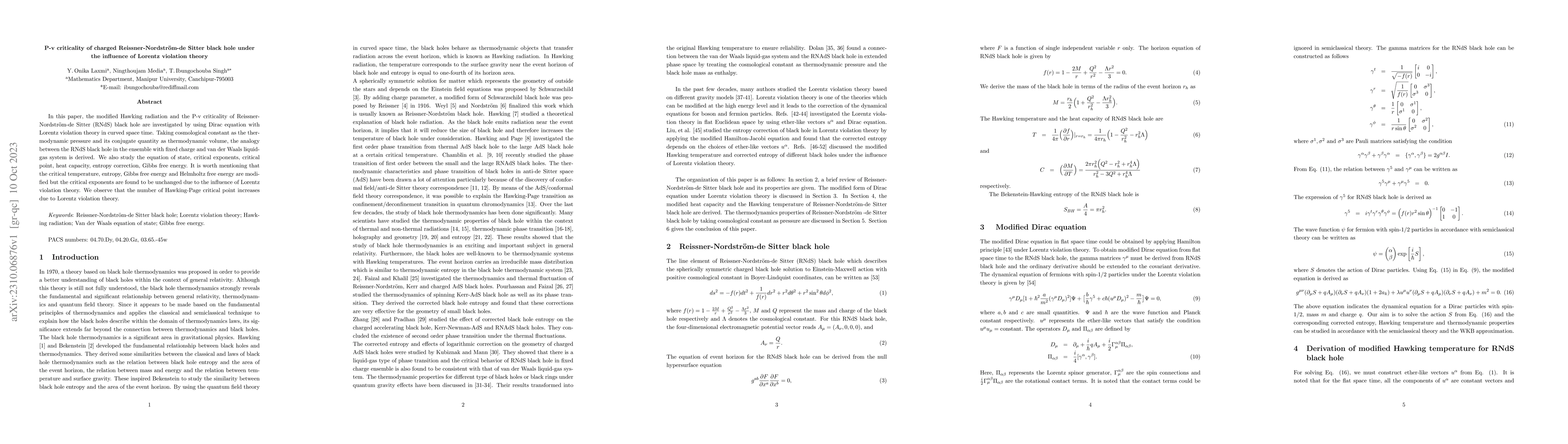 Thumbnail for P-v criticality of charged Reissner-Nordstr{\"o}m-de Sitter black hole
  under the influence of Lorentz violation theory