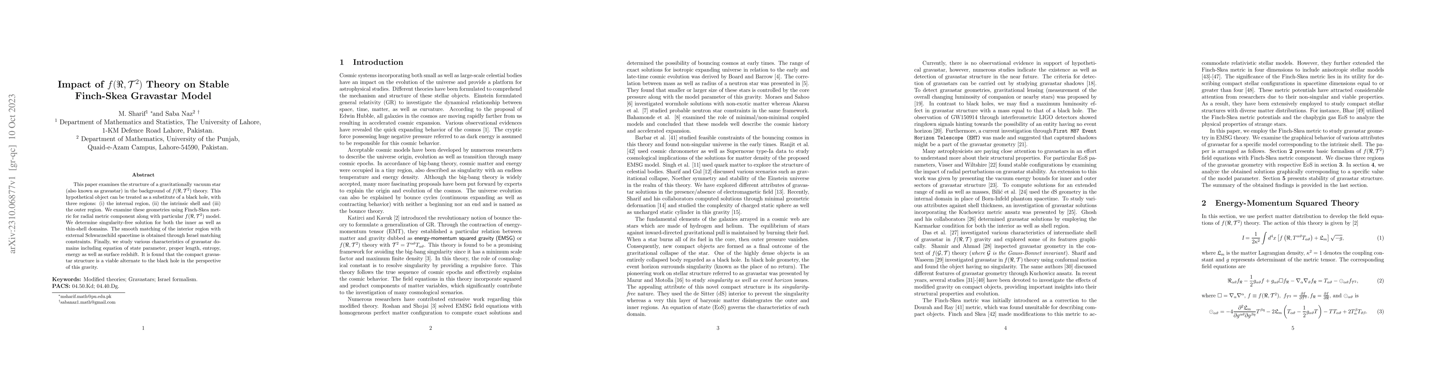 Thumbnail for Impact of $f(\Re,\mathcal{T}^{2})$ Theory on Stable Finch-Skea Gravastar
  Model