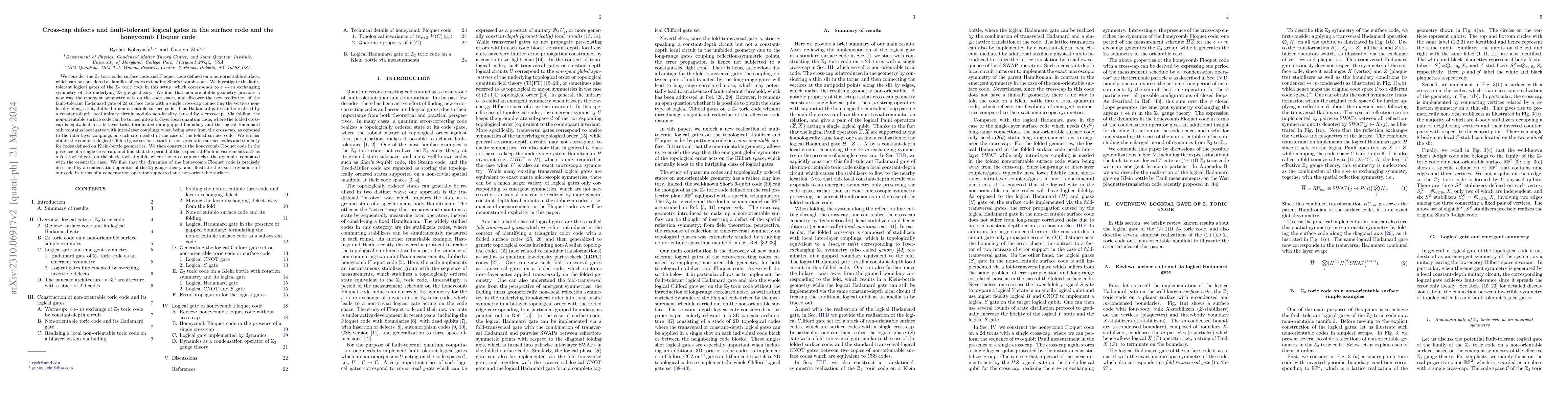 Thumbnail for Cross-cap defects and fault-tolerant logical gates in the surface code
  and the honeycomb Floquet code