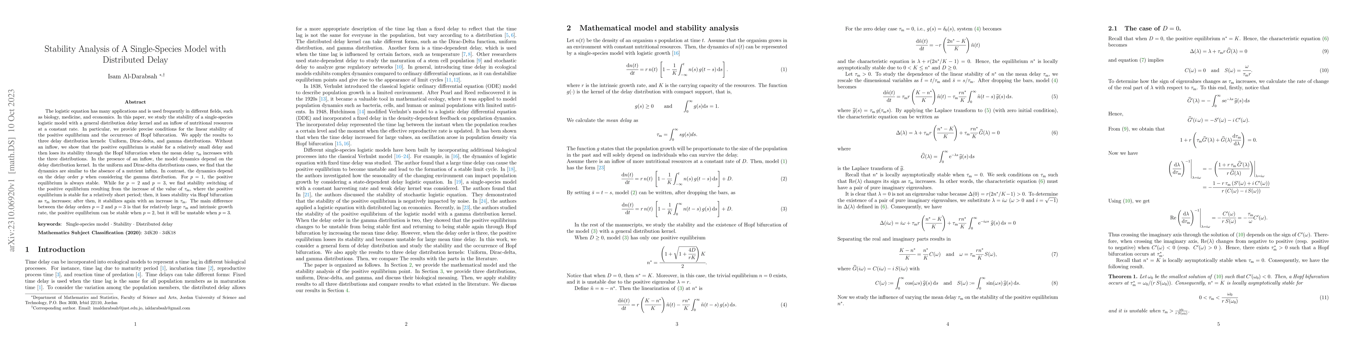 Thumbnail for Stability Analysis of A Single-Species Model with Distributed Delay