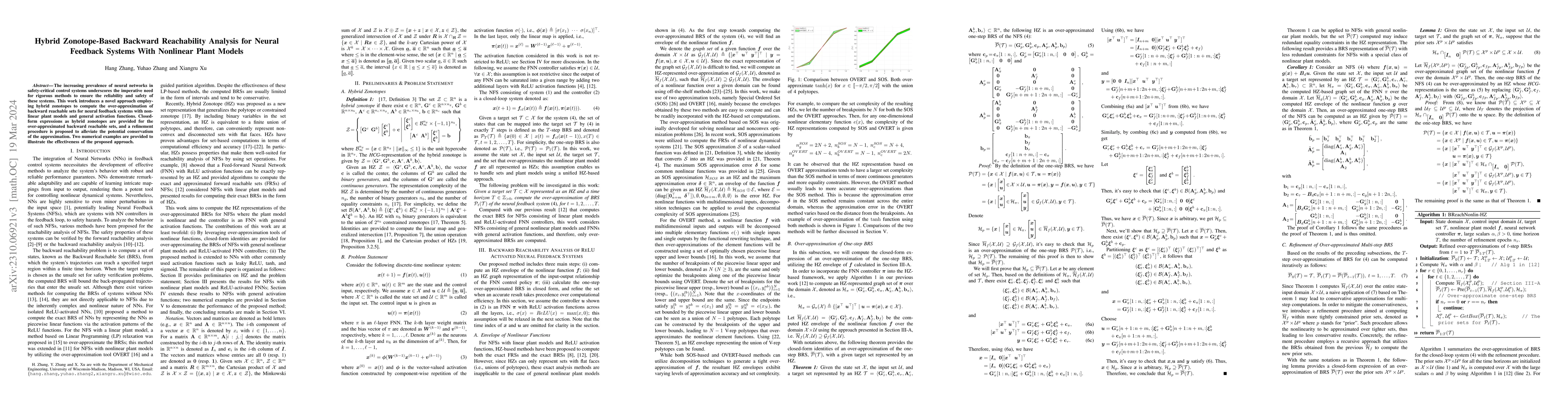 Thumbnail for Hybrid Zonotope-Based Backward Reachability Analysis for Neural Feedback
  Systems With Nonlinear Plant Models