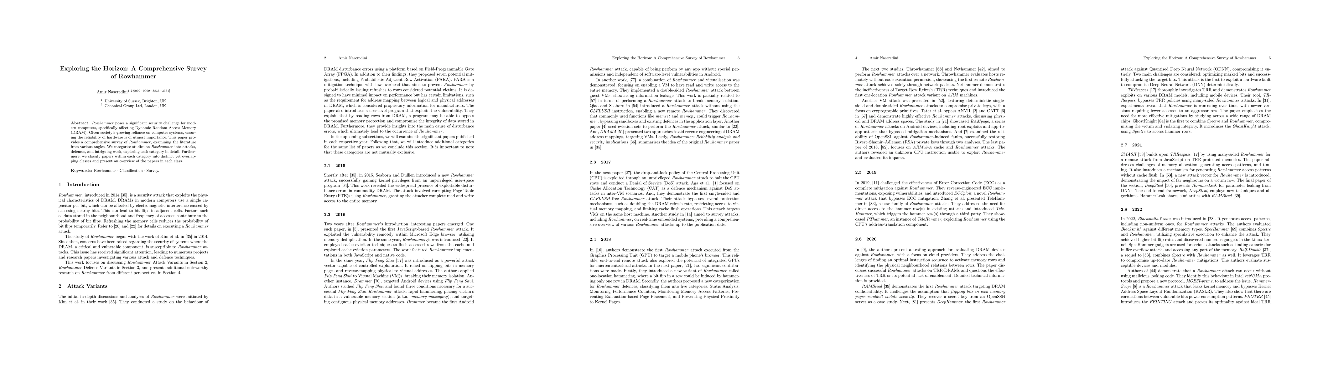 Thumbnail for Exploring the Horizon: A Comprehensive Survey of Rowhammer