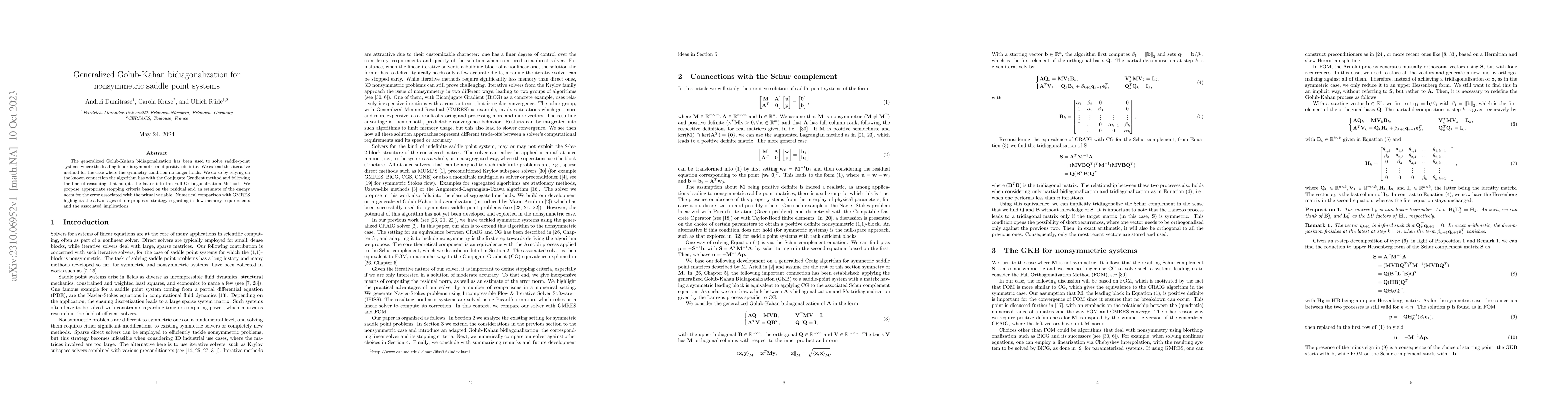 Thumbnail for Generalized Golub-Kahan bidiagonalization for nonsymmetric saddle point
  systems