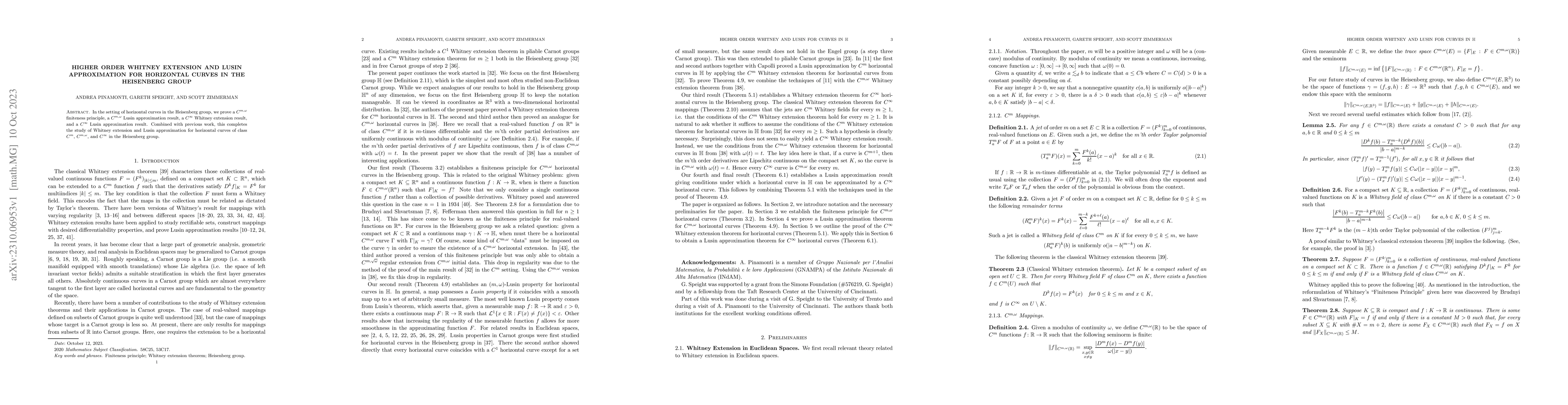 Thumbnail for Higher order Whitney extension and Lusin approximation for Horizontal
  curves in the Heisenberg group