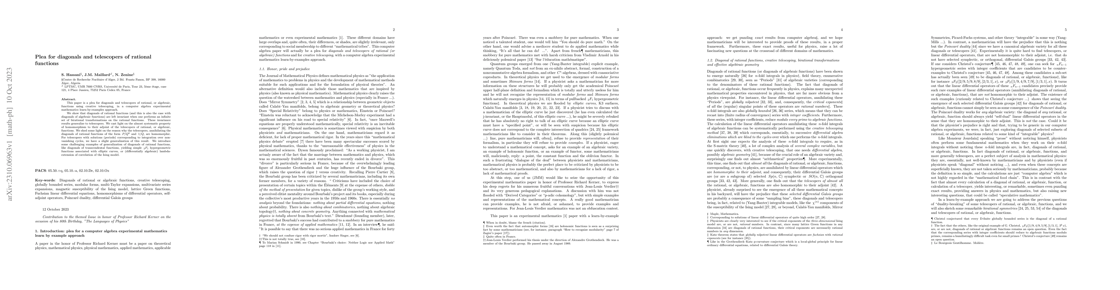 Thumbnail for Plea for diagonals and telescopers of rational functions
