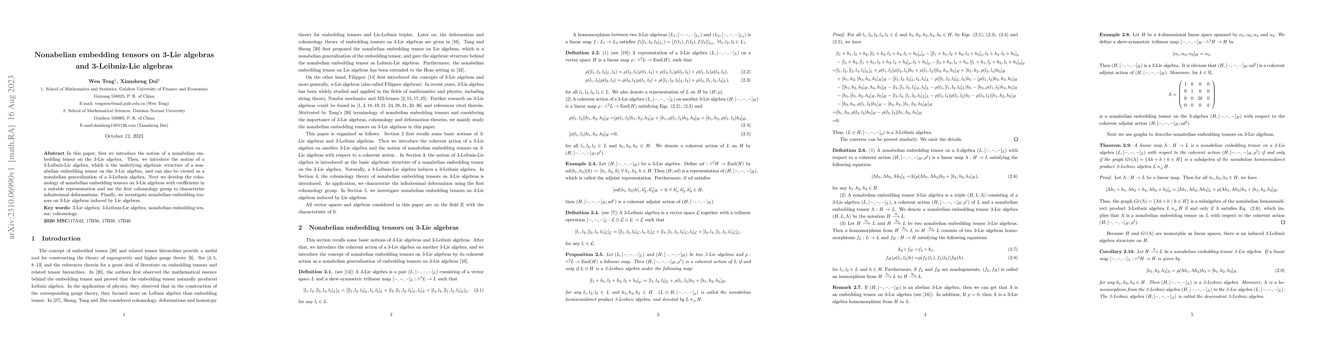 Thumbnail for Nonabelian embedding tensors on 3-Lie algebras and 3-Leibniz-Lie
  algebras