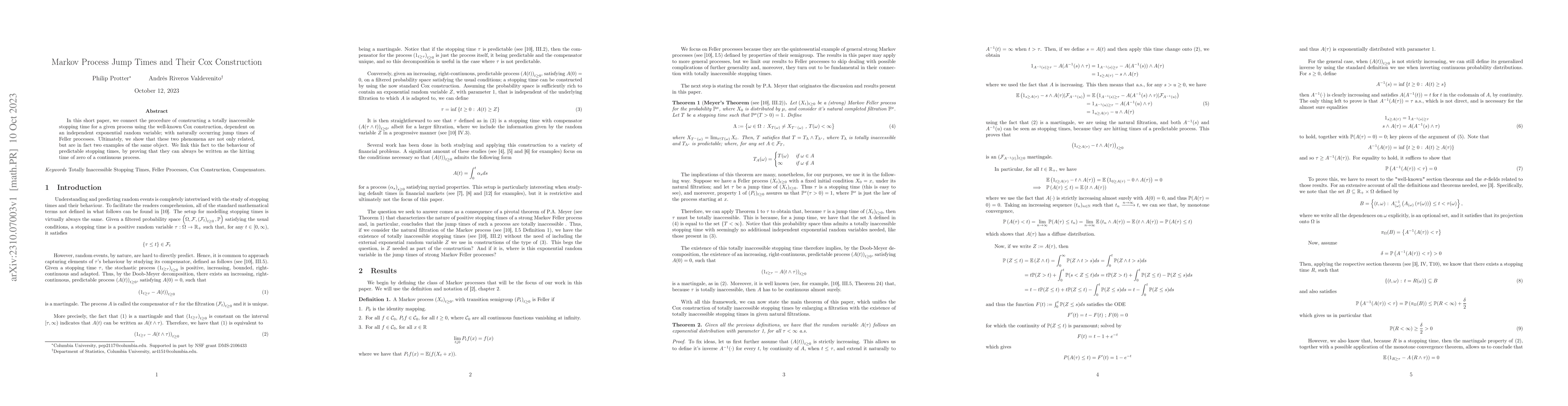 Thumbnail for Markov Process Jump Times and Their Cox Construction