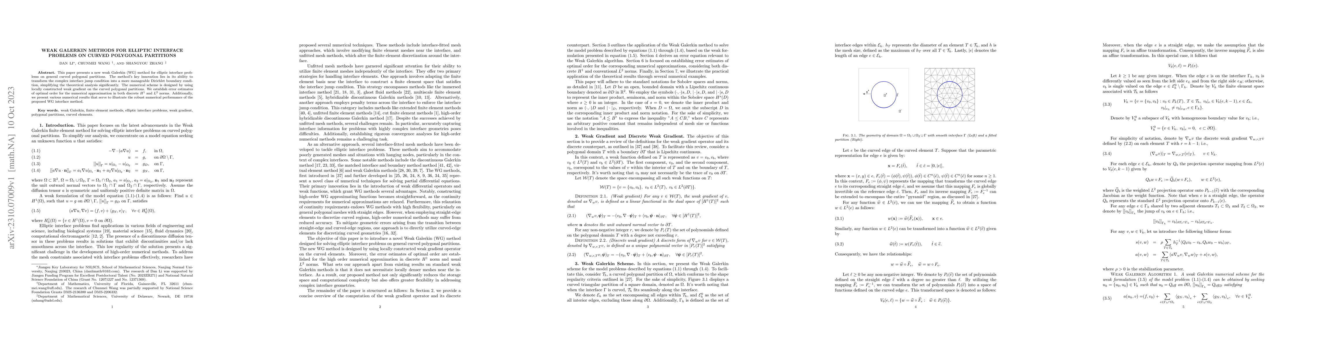 Thumbnail for Weak Galerkin methods for elliptic interface problems on curved
  polygonal partitions