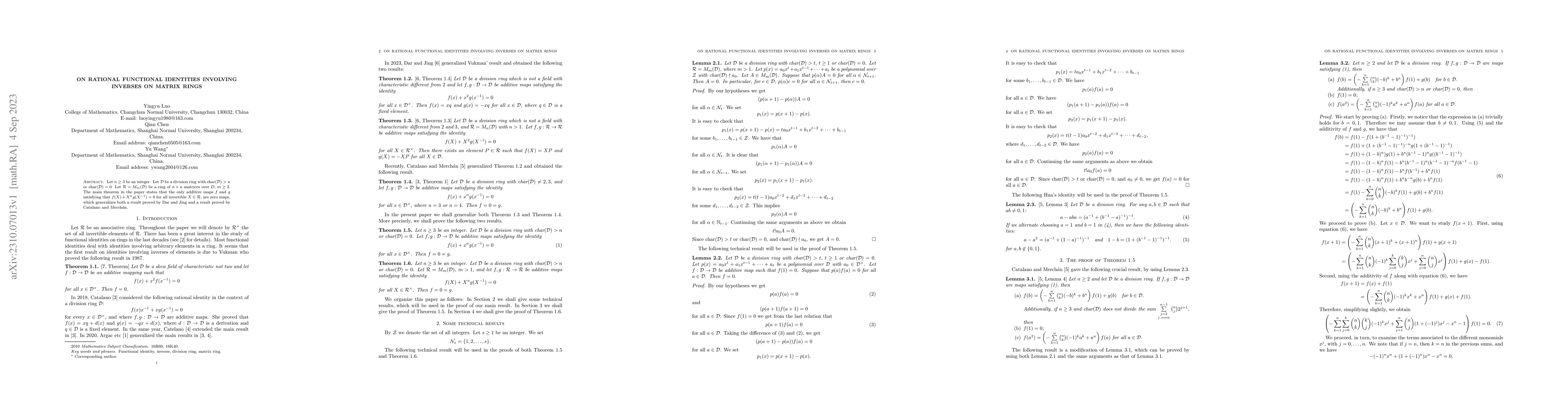 Thumbnail for On rational functional identities involving inverses on matrix rings